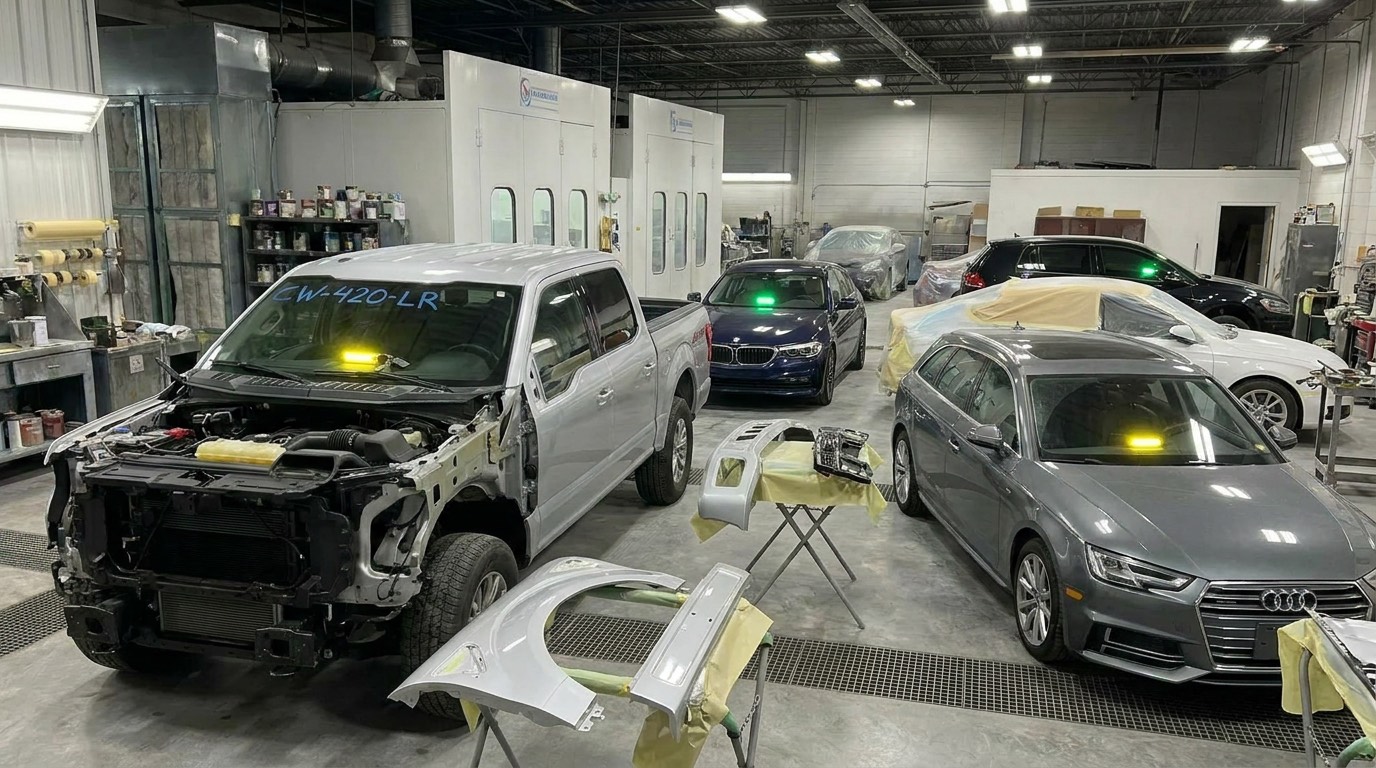 Atelier de carrosserie : cinq véhicules en chantier, chacun signalé par sa diode d'état